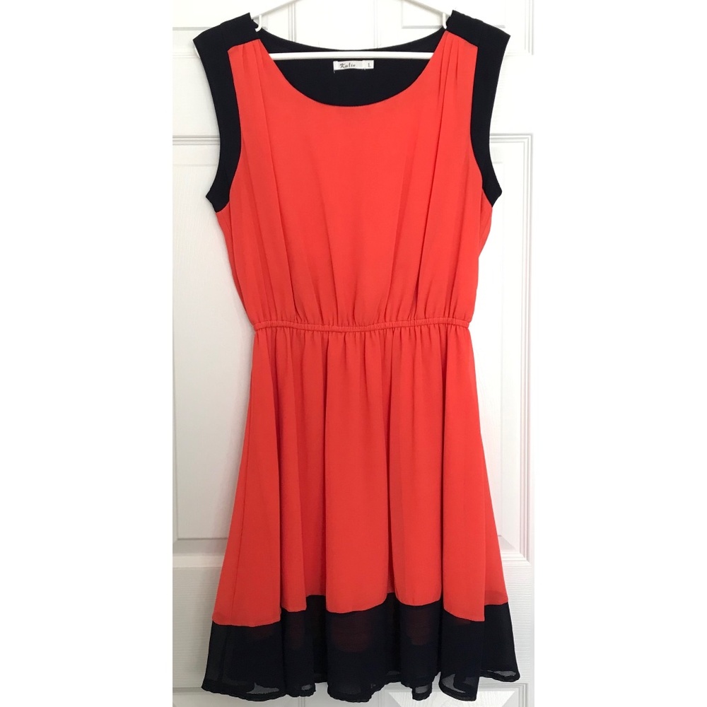 NWOT Vintage Y2K Katie Midi Dress Pleated A Line M/L Fit Orange Navy Blue